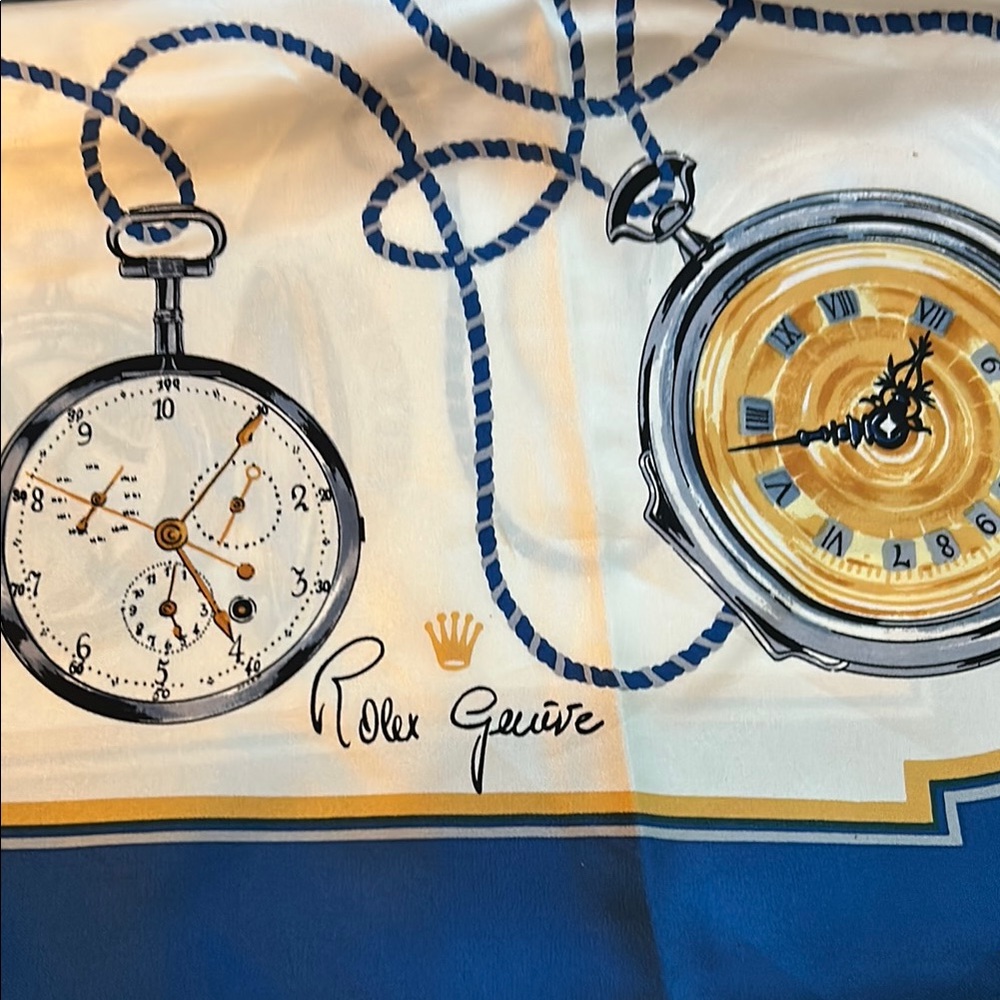 Rolex Blue and Gold Scarf With Classic Vintage Watch Design 100%Silk 35” Square - Picture 7 of 7